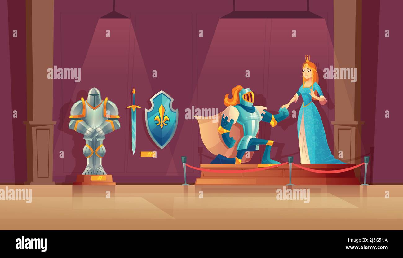 Concept de musée vectoriel, exposition médiévale. Chevalier blindé avec casque, princesse en robe de soie bleue, statue de guerrier, bouclier ancien. Déclenchement sur le terrain dans Illustration de Vecteur