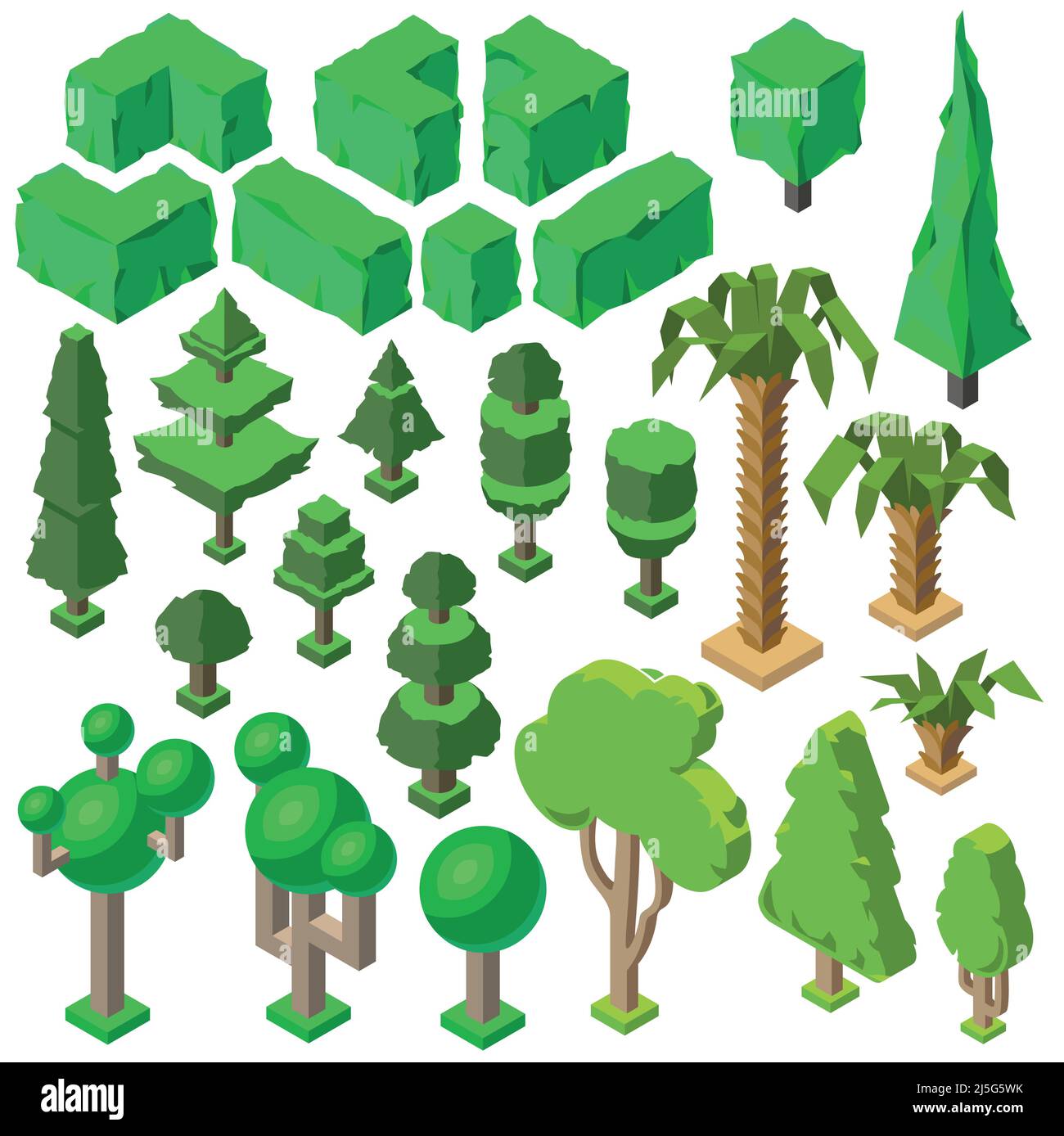Vector 3D plantes isométriques, arbres, buissons verts, sapins, palmiers et pins. Objets de nature, environnement. Écologie, parc naturel, éléments forestiers, botanique Illustration de Vecteur