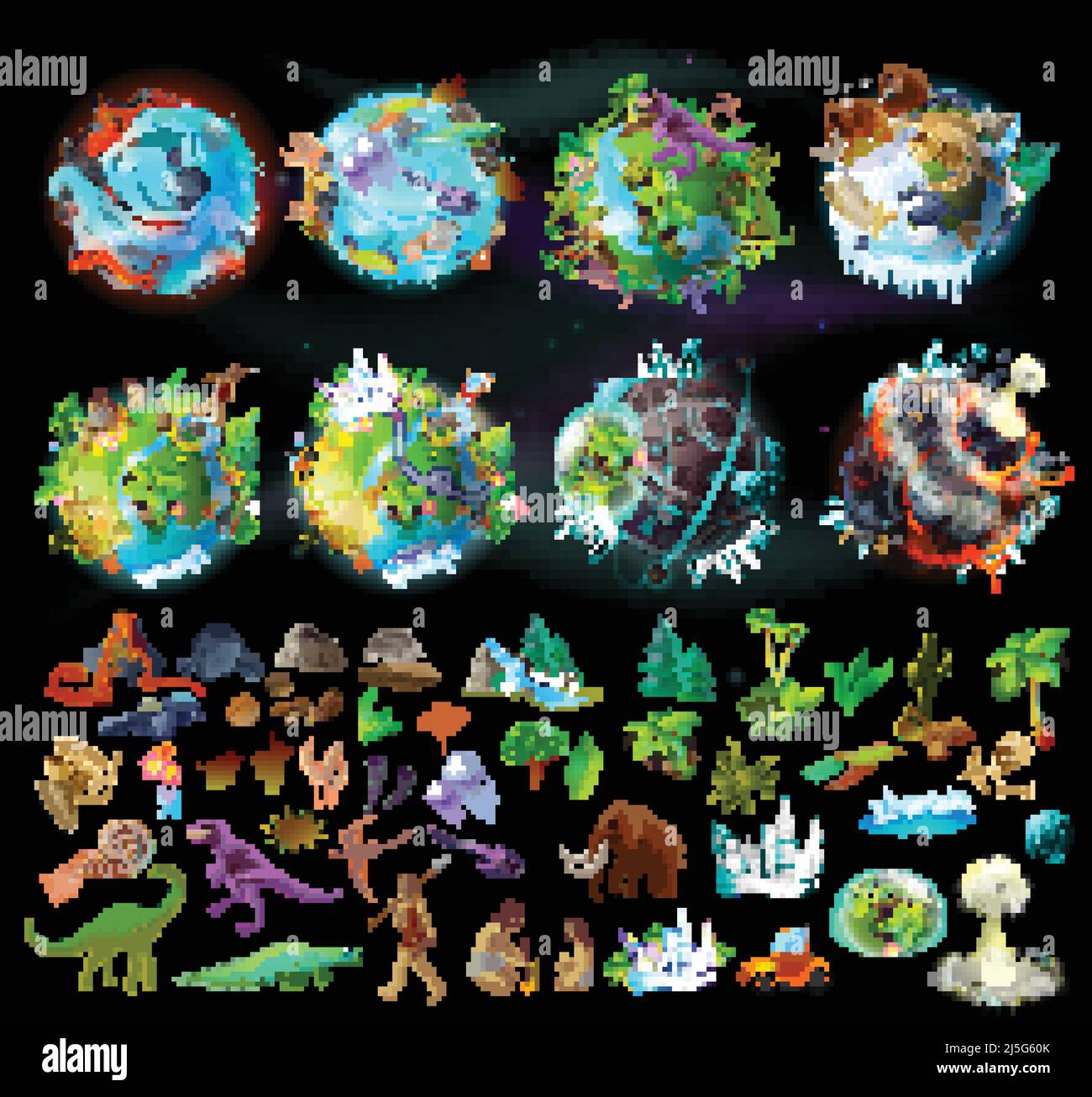 Étapes de l'évolution de la Terre, création de dessins animés vectoriels avec diverses icônes colorées, plantes, animaux, roches, dinosaures. Chronologie, l'origine de la vie et Illustration de Vecteur