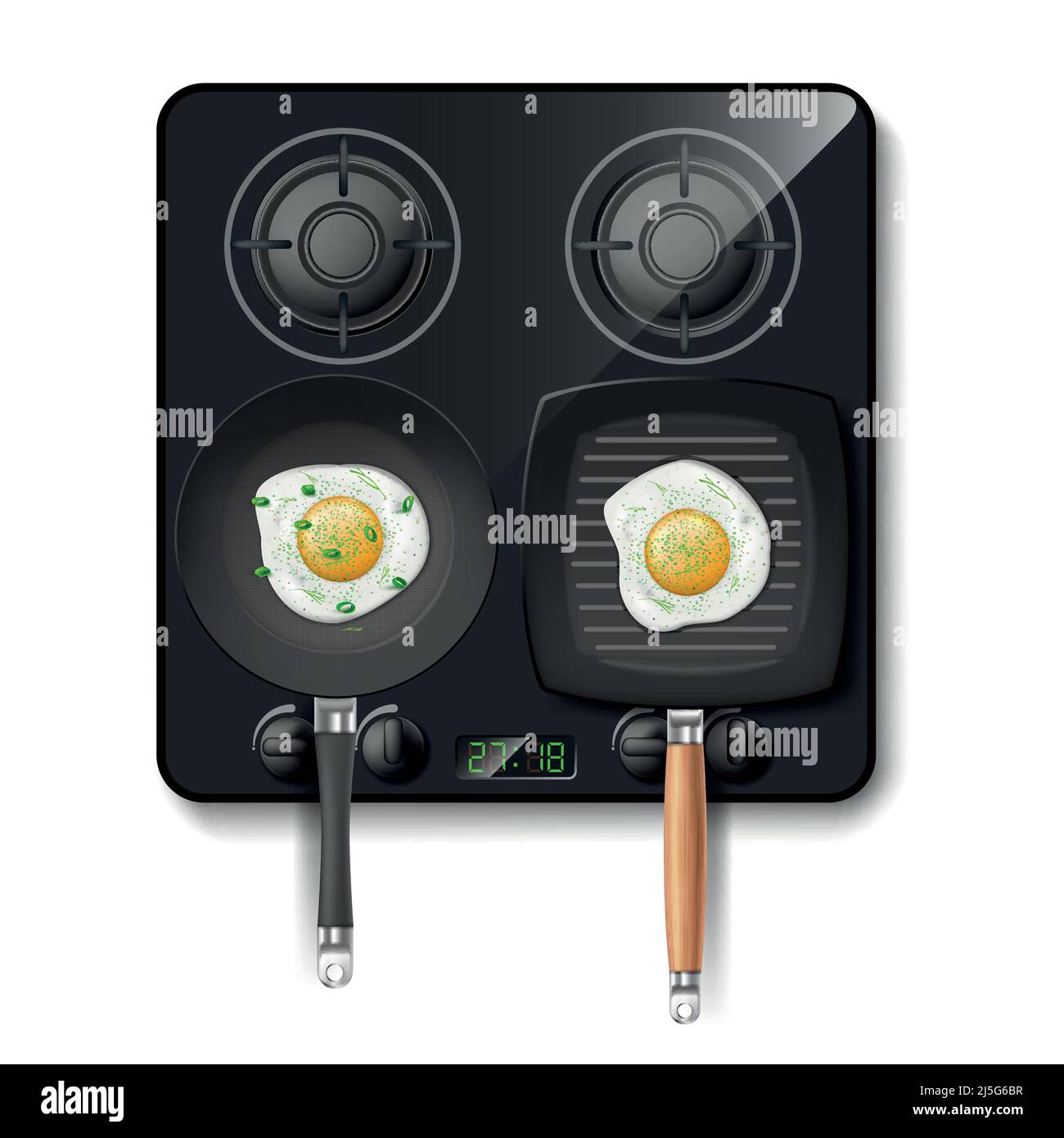 Vector 3D poêle à gaz réaliste. Plaque de cuisson noire avec brûleurs à flamme, plaques de cuisson au feu. Appareil domestique intelligent, technologie moderne. Allumé ou o Illustration de Vecteur