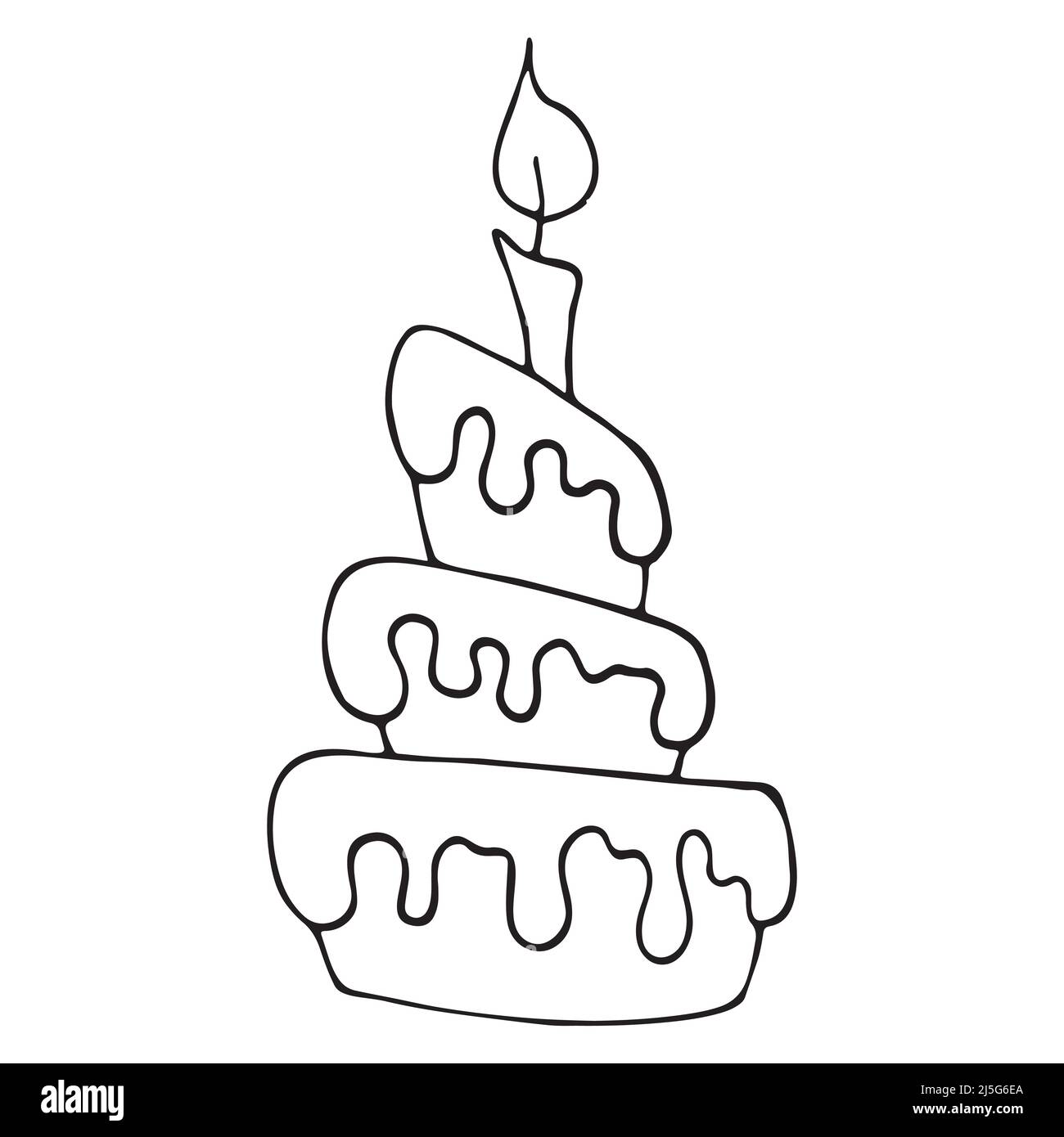 Vecteur gâteau d'anniversaire dessiné à la main avec bougie dans le style doodle. Scribble illustration de contour de dessin animé pour logo, impression, conception, icône Illustration de Vecteur
