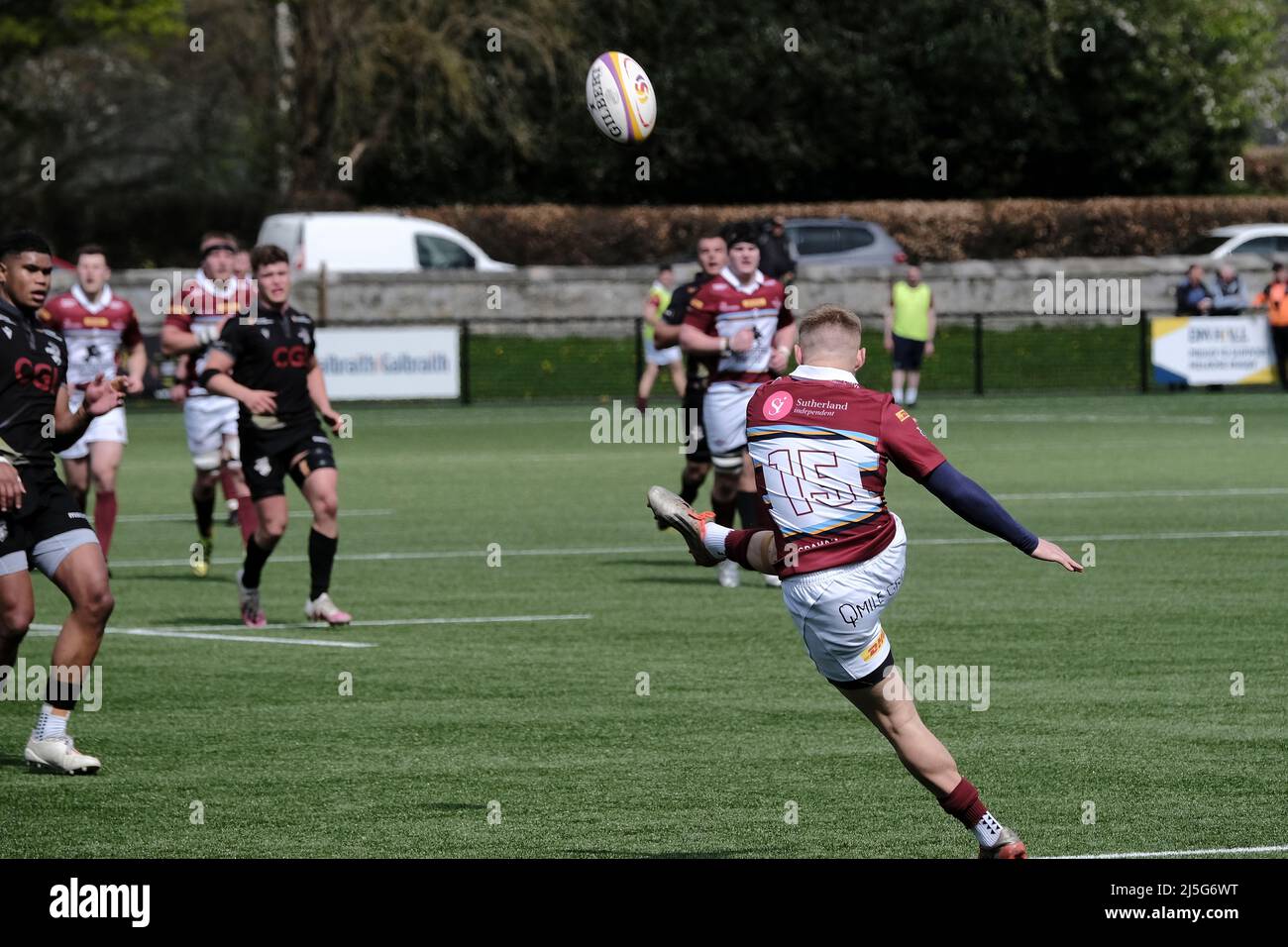 Melrose, Royaume-Uni. 23rd avril 2022. Melrose, samedi 23 avril 2022. Série FOSROC Super6 Sprint Southern Knight vs Watsoniens à Greenyards, Melrose. Dominic Coetzer (Watsonians) donne un coup de pied pendant la première moitié (image Credit: Rob Gray/Alamy Live News Banque D'Images