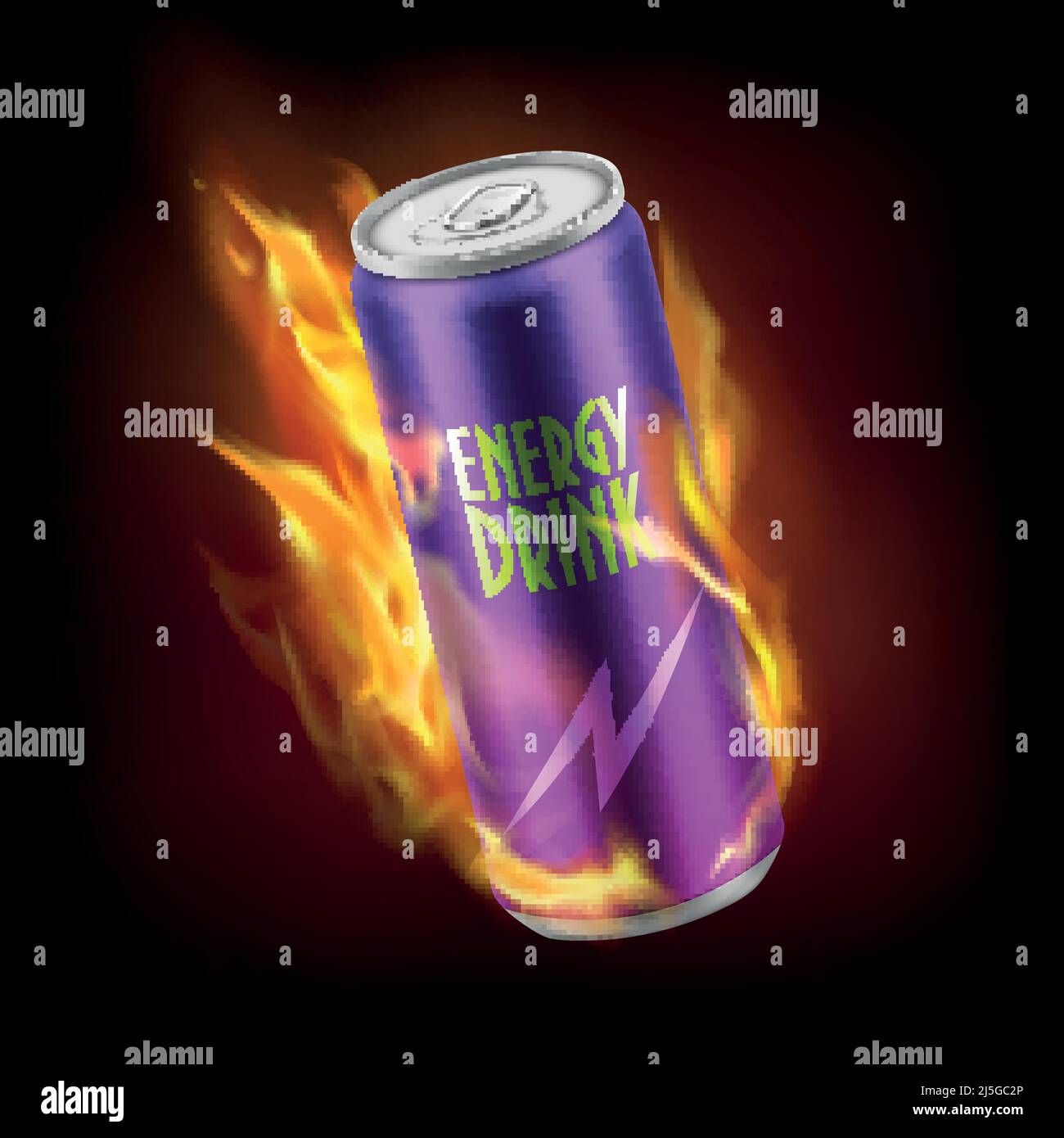 Vector réaliste aluminium peut avec énergie boisson douce, brûlant dans les flammes isolées sur fond sombre. Contenant violet d'étain avec tonique carbonaté, soda Illustration de Vecteur