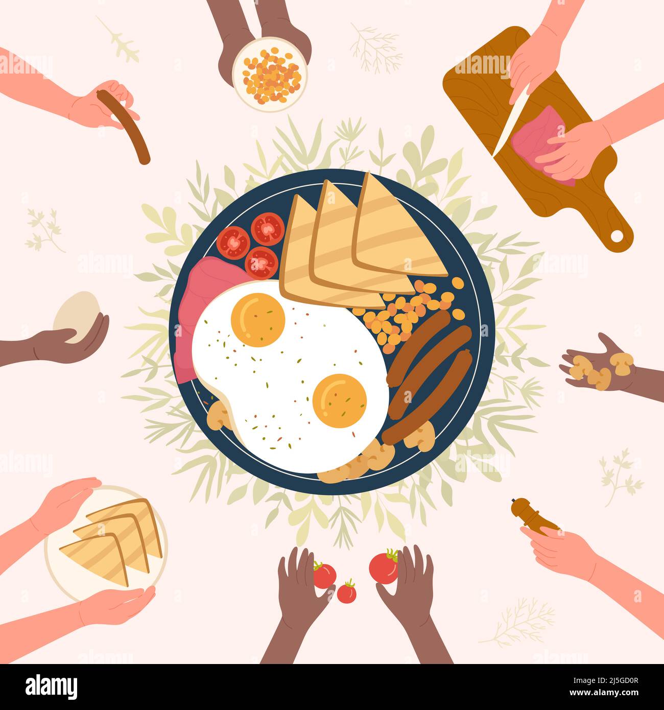 Les chefs cuisinent le petit déjeuner anglais sur une table de cuisine, vue du dessus. Œufs frits avec saucisses et viande, pain de céréales, haricots et tomates tranchées dans une poêle illustration vectorielle plate. Concept alimentaire Illustration de Vecteur