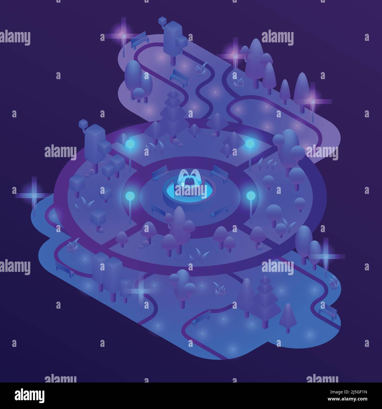 Parc isométrique Vector 3D avec plantes violettes, arbres ultra violets, bancs et fontaine. Carte de la ville jardin paysage avec des objets de la nature dans l'ultraviolet Illustration de Vecteur