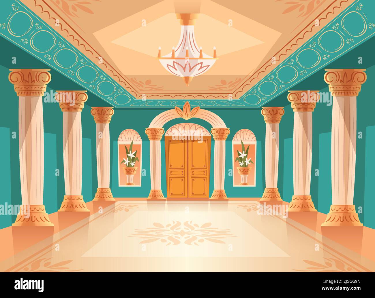 Salle de bal ou salle de réception du palais illustration vectorielle d'un musée ou d'une chambre de luxe. Fond intérieur bleu roi avec lustre, vases Illustration de Vecteur