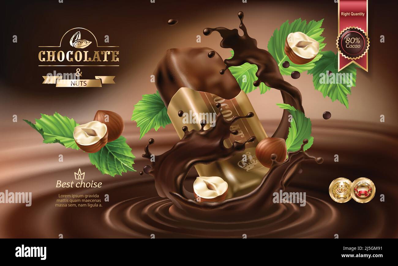 Illustration réaliste Vector 3D, éclaboussures de chocolat fondu et de lait avec une barre de chocolat tombant dans un emballage déchiré et des noix. Excellente publicité p Illustration de Vecteur Illustration réaliste Vector 3D, éclaboussures de chocolat fondu et de lait avec une barre de chocolat tombant dans un emballage déchiré et des noix. Excellente publicité p Illustration de Vecteur