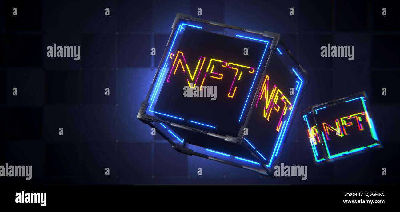 jeton non fongible. Concept de technologie NFT. Inscription NFT sur un cube abstrait technologique. 3d rendu Banque D'Images