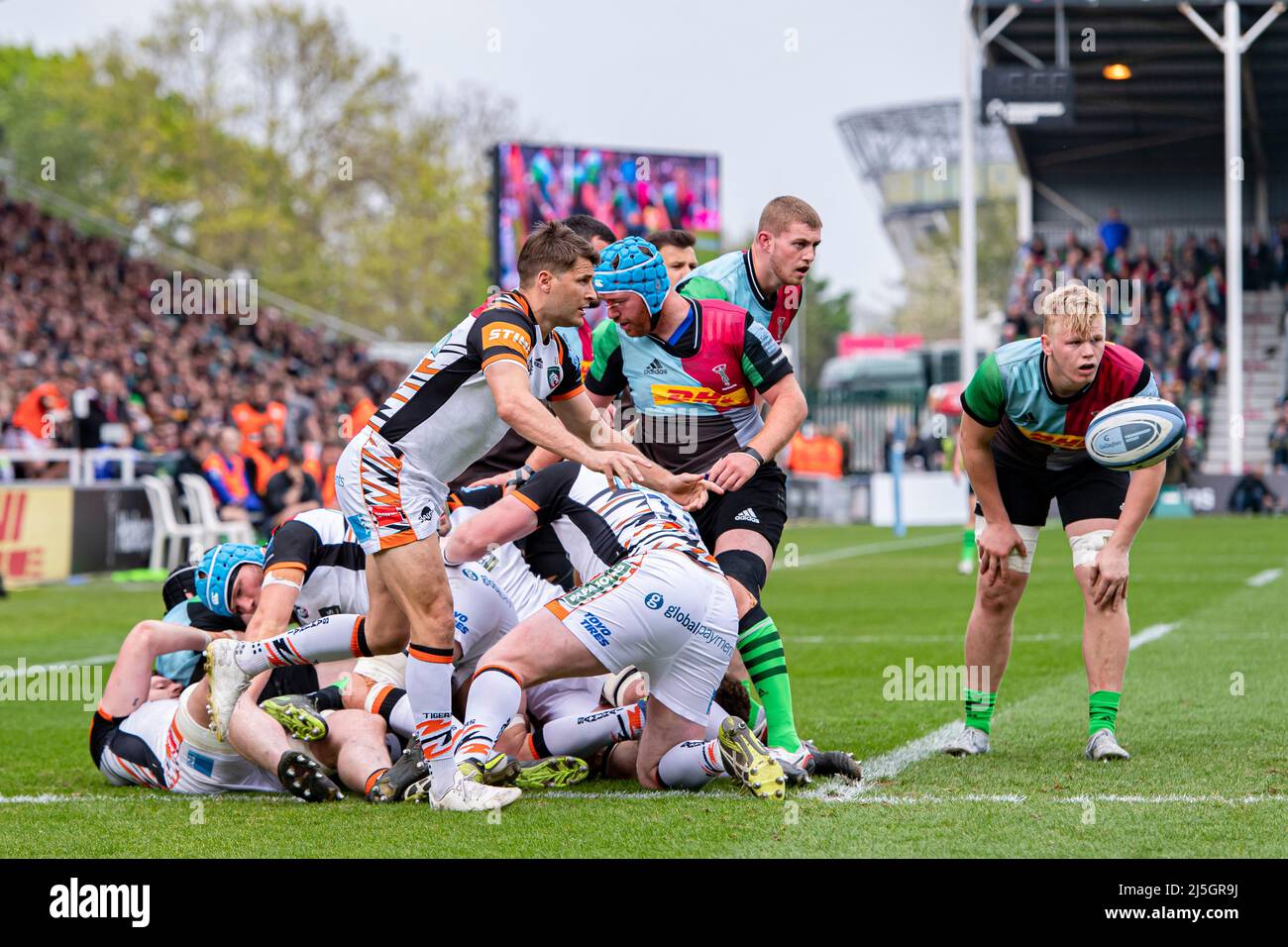 LONDRES, ROYAUME-UNI. 23th avril 2022. Lors du match de rugby Gallagher Premiership entre Harlequins vs Leicester Tigers au stade Twickenham Stoop, le samedi 23 avril 2022. LONDRES, ANGLETERRE. Credit: Taka G Wu/Alay Live News Banque D'Images