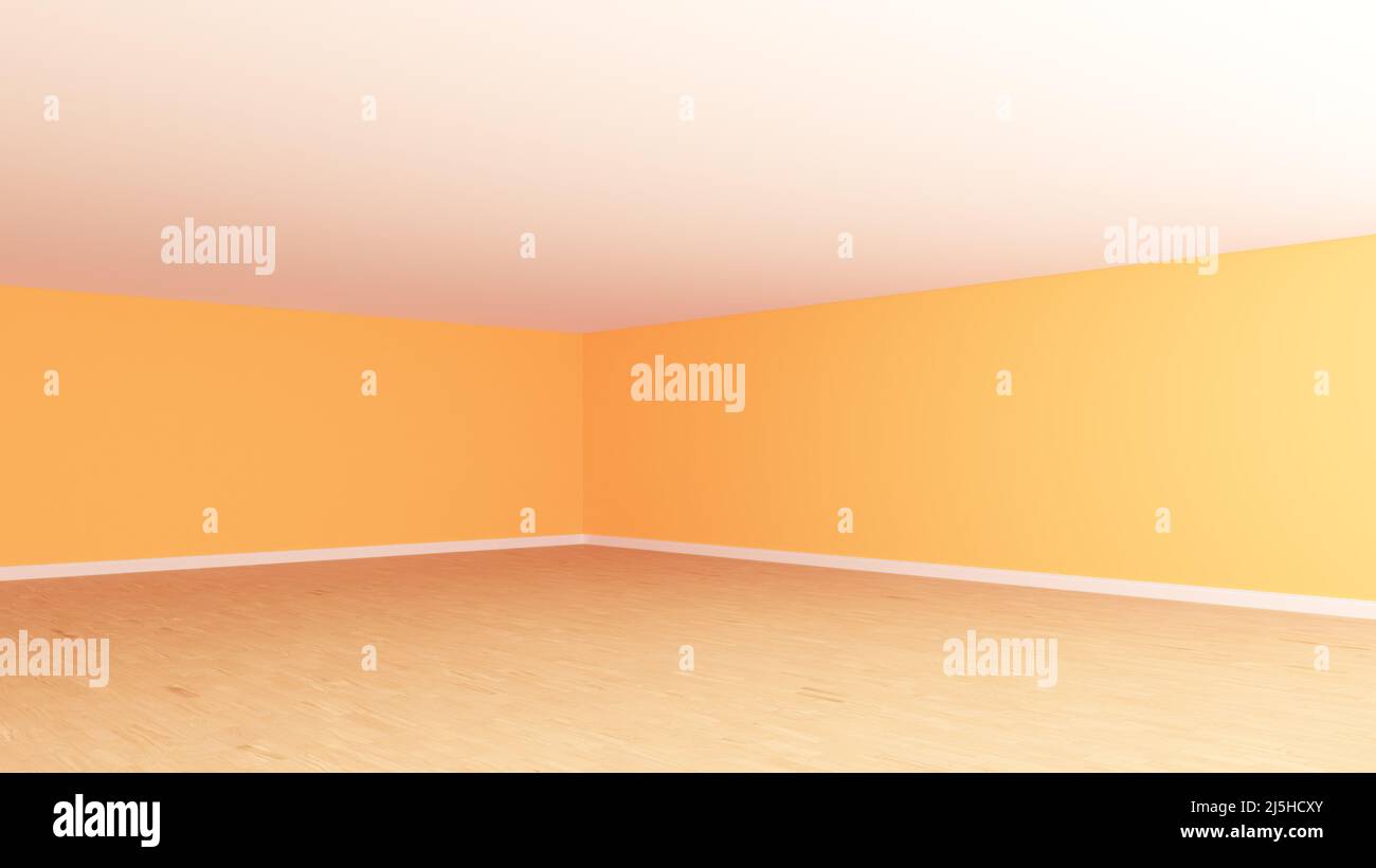Coin intérieur vide avec murs orange vif, plafond blanc, parquet clair et un plinthes blanc. Concept de chambre vide non meublée. Vue en perspective. 3D illustration, Ultra HD 8K, 7680x4320 Banque D'Images