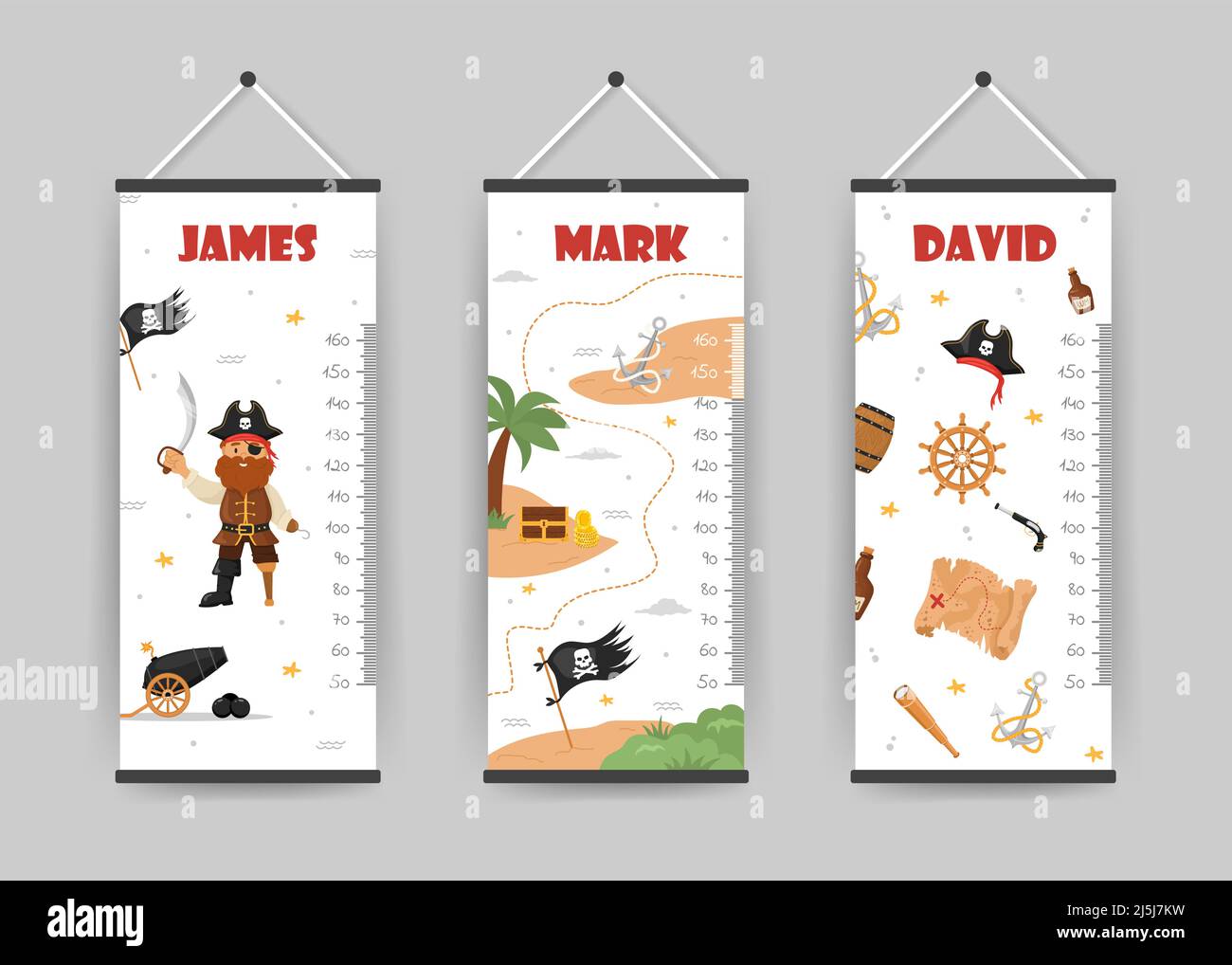 Collection de tableaux de hauteur pour enfants. Mur du mètre avec capitaine pirate, drapeau et carte. Illustration vectorielle en style de dessin animé Doodle. Graphique de croissance puérile Illustration de Vecteur