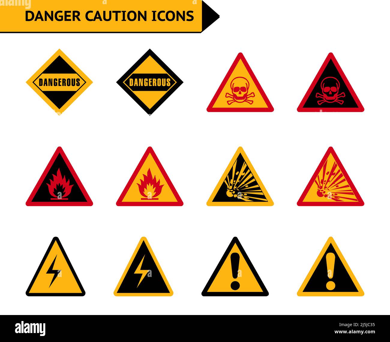 Danger avertissement incendie icône de vecteur de prudence définie en rouge, jaune et noir sur fond blanc Illustration de Vecteur