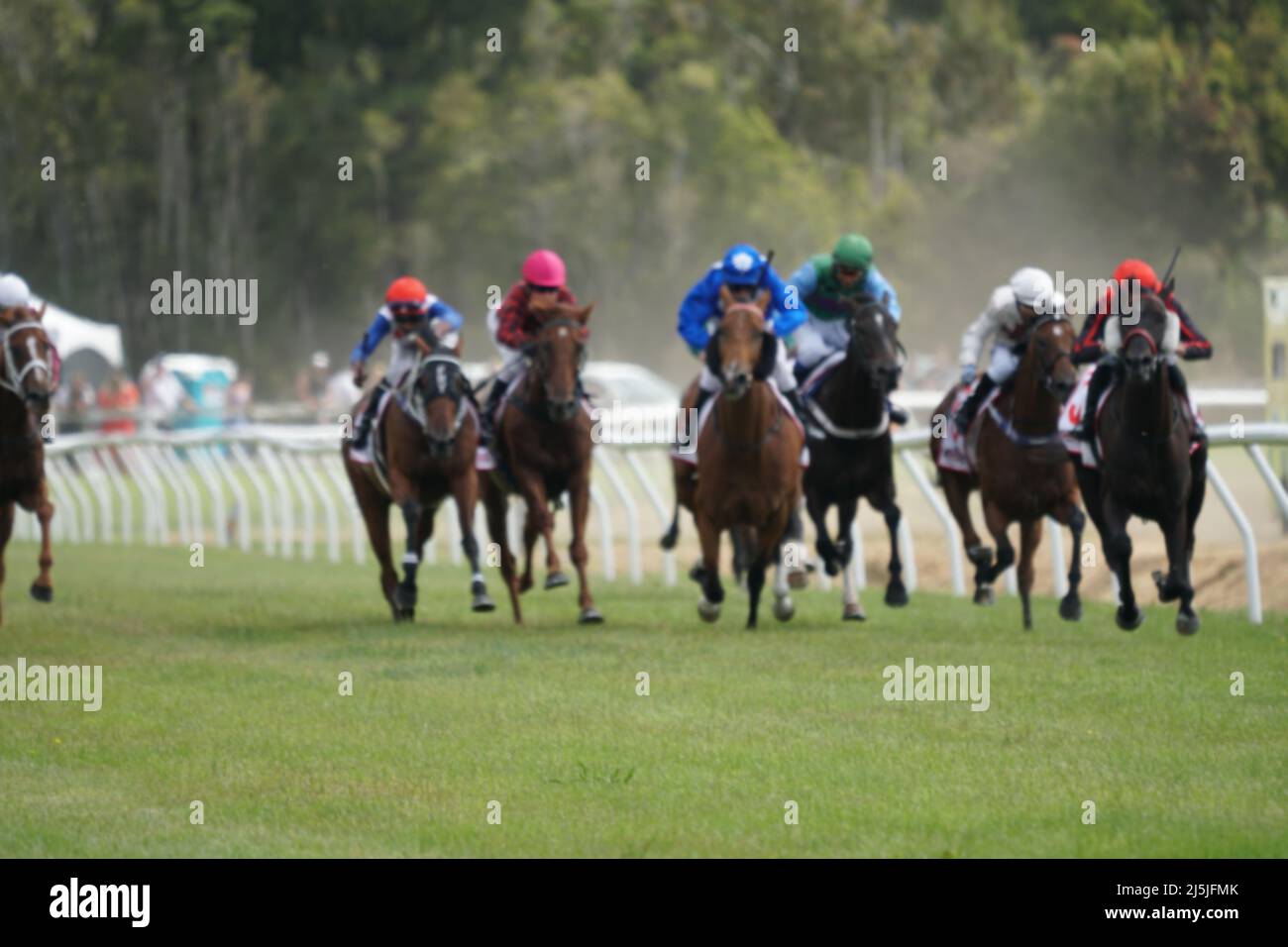 Les jockeys montent leur monture jusqu'à la ligne d'arrivée dans une course à une rencontre de course de campagne. Flou délibéré pour créer une image d'arrière-plan. Banque D'Images