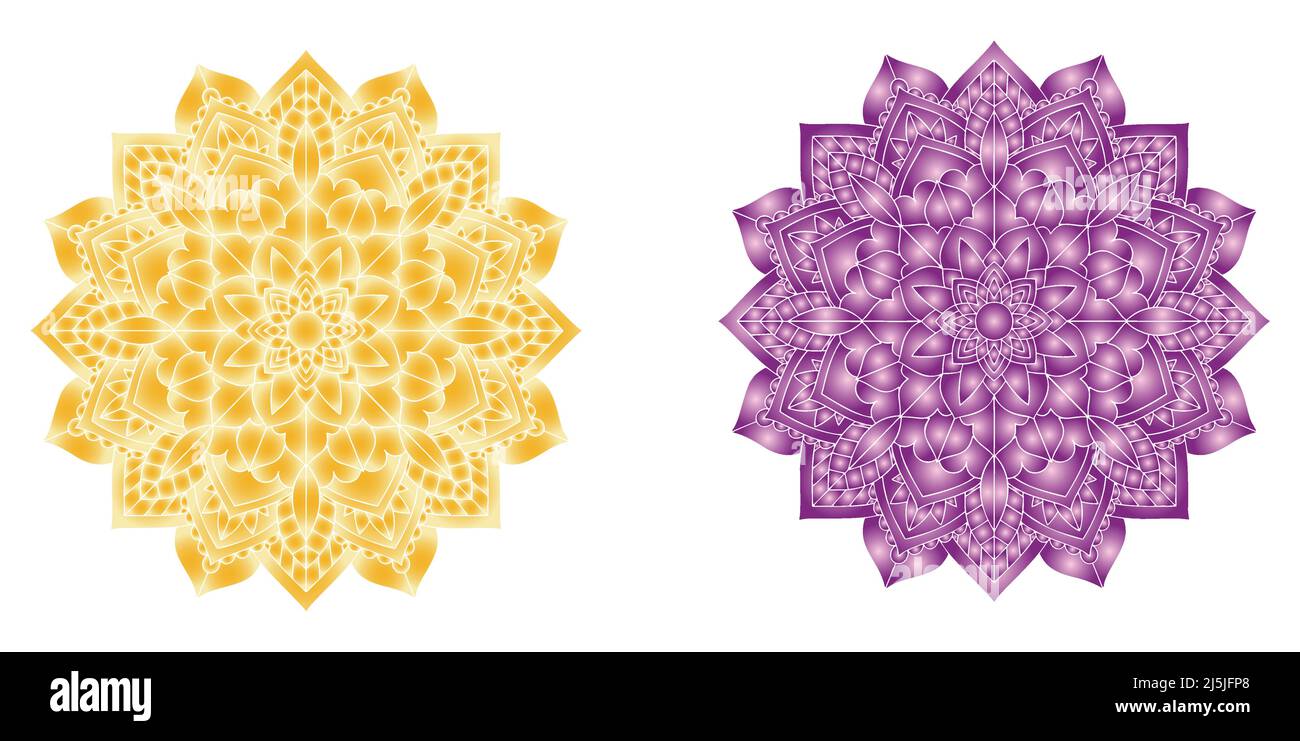 Ensemble de 2 mandala coloré et lumineux de couleur jaune et violette. Illustration vectorielle Illustration de Vecteur