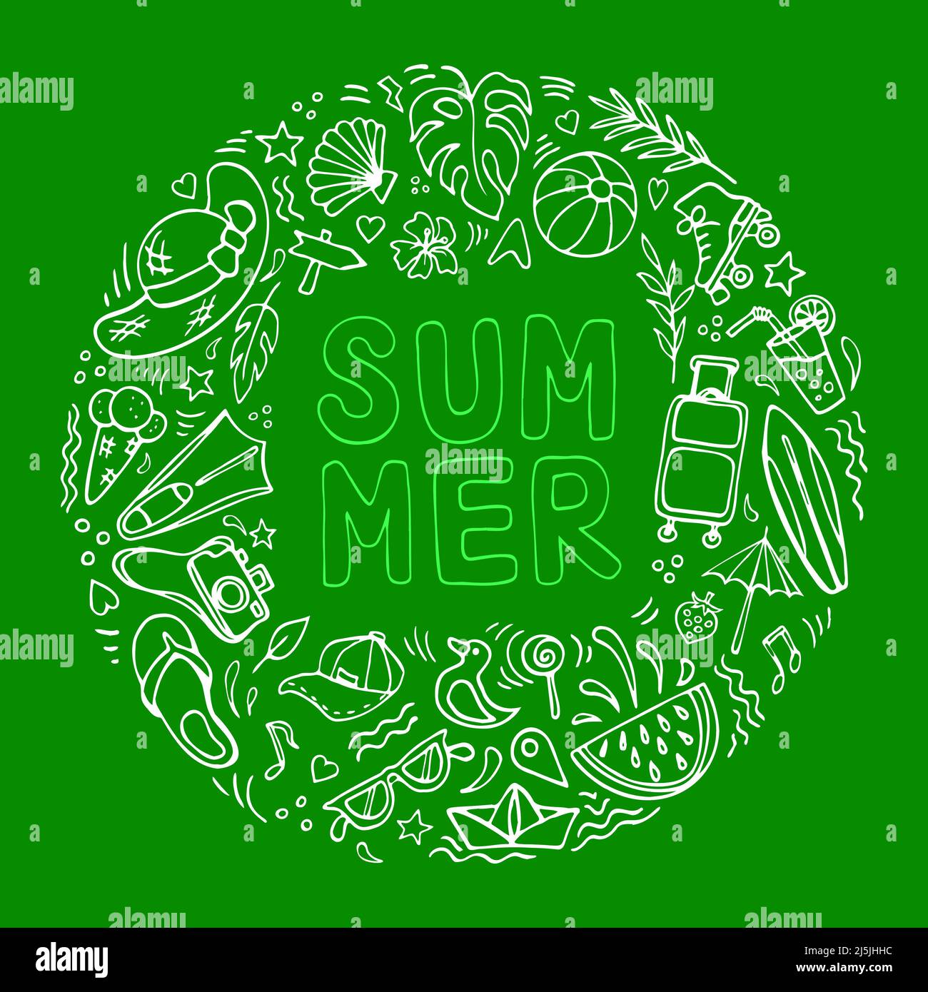 Les objets d'été dandinant clipart. Composition ronde sur le thème du complexe avec lettres Illustration de Vecteur