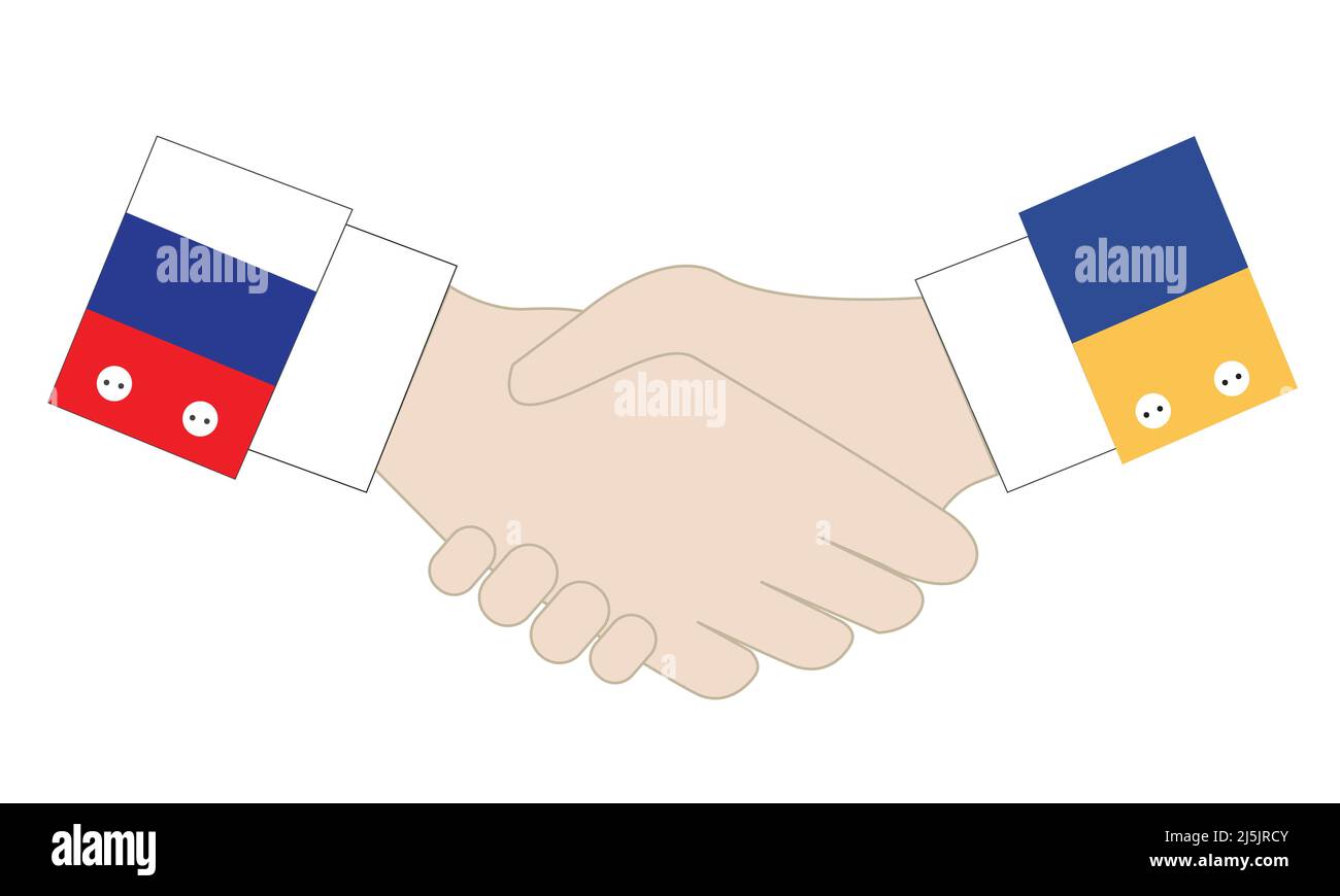 Poignée de main d'accords diplomatiques et paix entre la Russie et l'Ukraine. Vecteur et illustration. Illustration de Vecteur