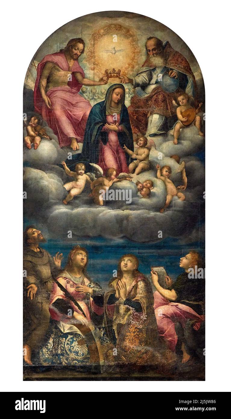 Incoronazione della Vergine tra S. Francesco d’Assisi, S. Caterina da Siena, S. Maria Maddalena e S. Giovanni Evangelista - olio su tela - Carlo Franc Banque D'Images