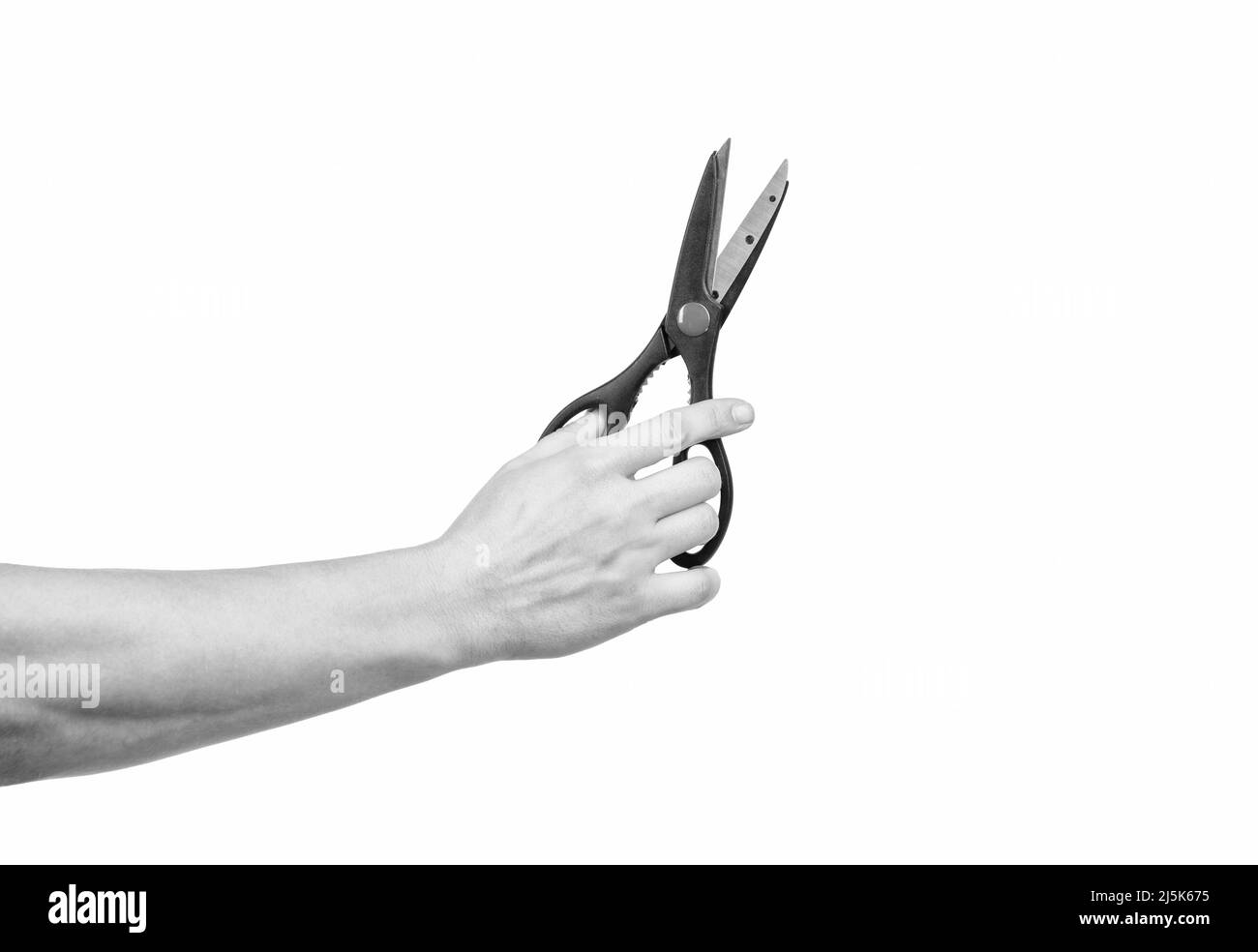 ciseaux outil de coiffure à la main isolé sur blanc, papeterie Banque D'Images