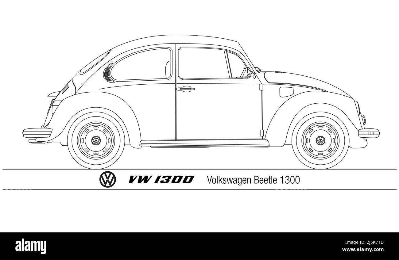 Volkswagen Beetle 1300 vintage car contours, illustration sur fond blanc Banque D'Images