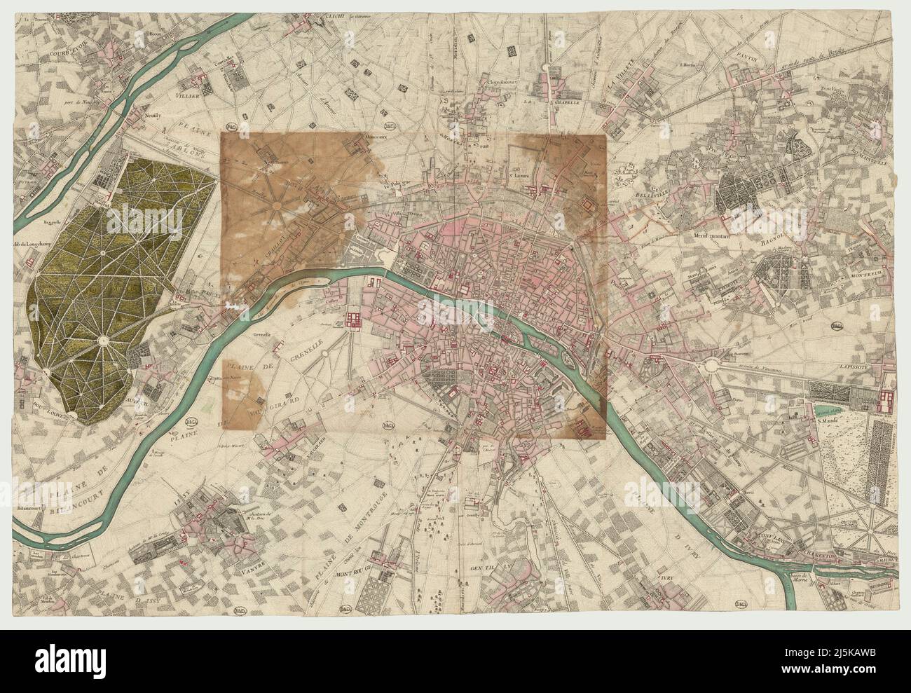 Carte vintage de Paris et de la région autour du 17th/18th siècle. Les cartes sont magnifiquement illustrées et gravées à la main montrant Paris à l'époque. Banque D'Images