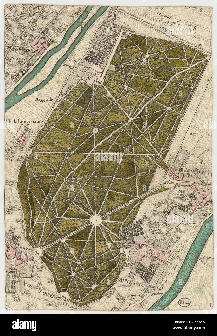 Carte vintage de Paris et de la région autour du 17th/18th siècle. Les cartes sont magnifiquement illustrées et gravées à la main montrant Paris à l'époque. Banque D'Images
