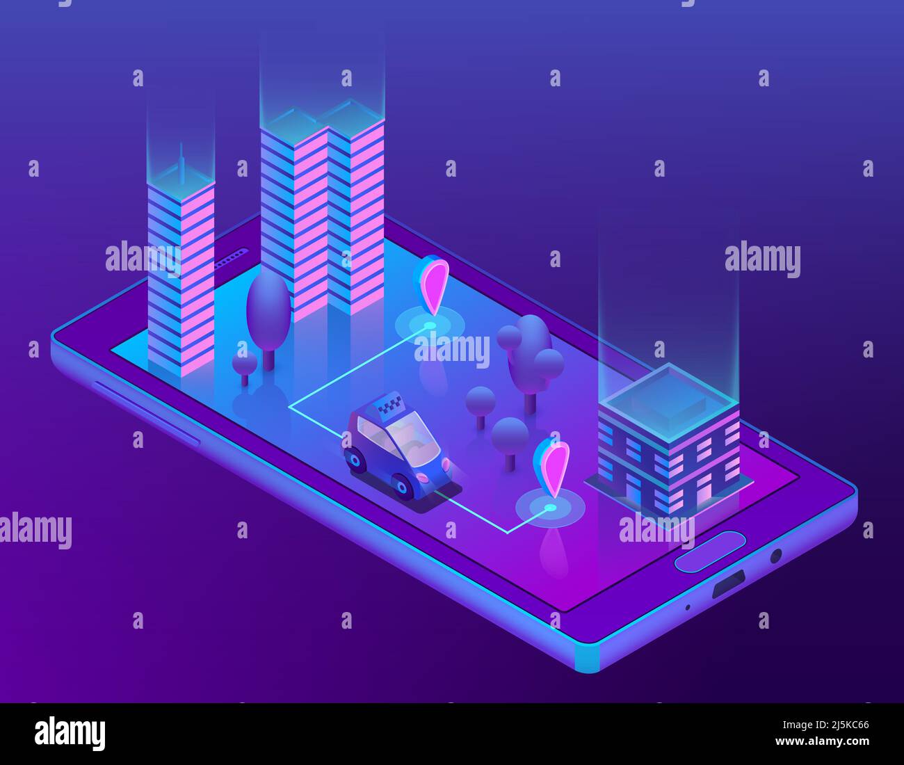 Vector 3D Isométrique concept avec taxi intelligent pour smartphone, application pour appareil. Navigation sans fil pour conduire en voiture, voyager en ville, urbain. Smartcar avec Illustration de Vecteur