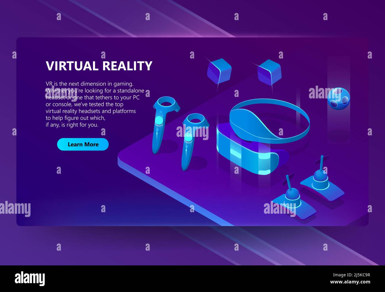 VR, fond de concept isométrique de vecteur de réalité augmentée. Gadgets pour le cyberespace et les jeux, micro-casque et lunettes, manipulateurs. Bannière web futuriste Illustration de Vecteur