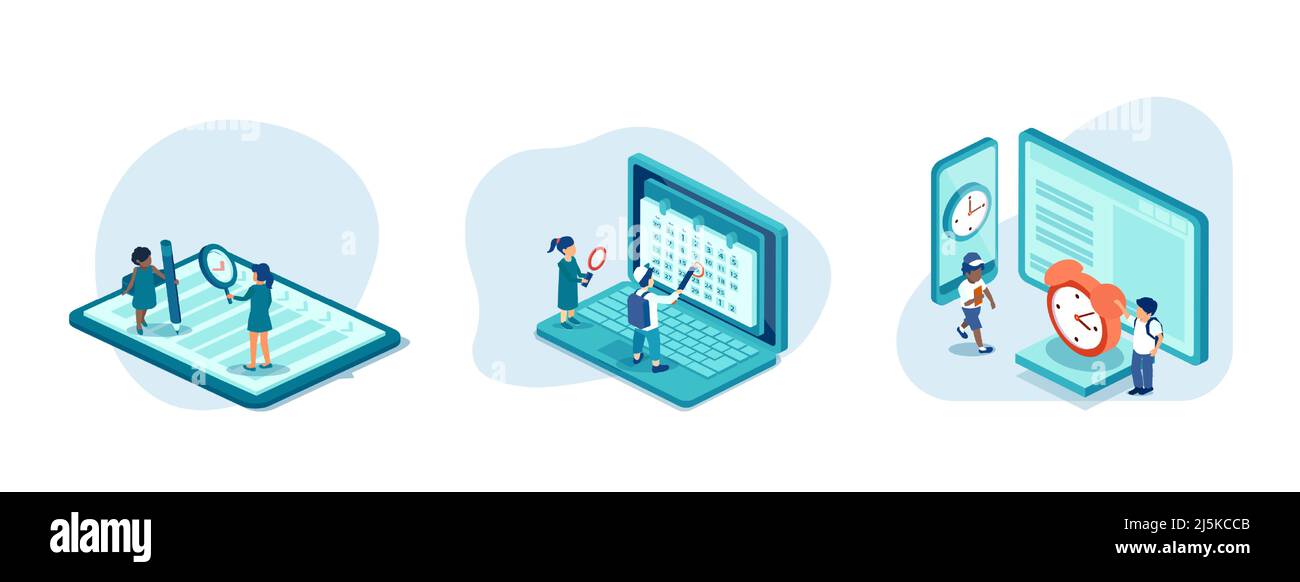 Scénario des enfants étudiant planning, gestion du temps d'examen, remplissage de la liste de contrôle. Illustration de Vecteur
