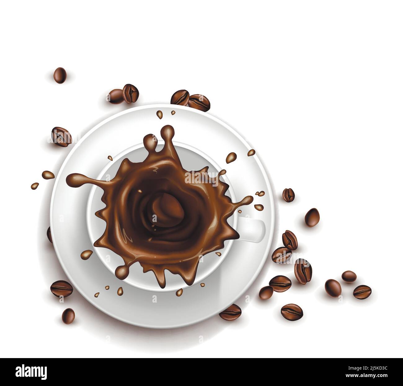 Vector 3D tasse de café réaliste avec gouttes d'eau. Soucoupe avec haricots isolés sur fond blanc. Vue de dessus de la boisson arabica ou americano. U fictif Illustration de Vecteur