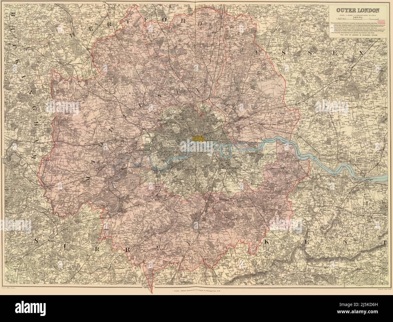 Carte d'époque de Londres et de la région du 17th/18th siècle. La carte est magnifiquement illustrée à la main et gravée montrant Londres à l'époque. Banque D'Images