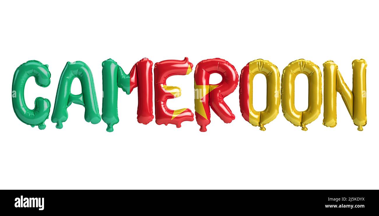 3D illustration de ballons de lettres camerounaises avec des drapeaux de couleur isolée sur blanc Banque D'Images