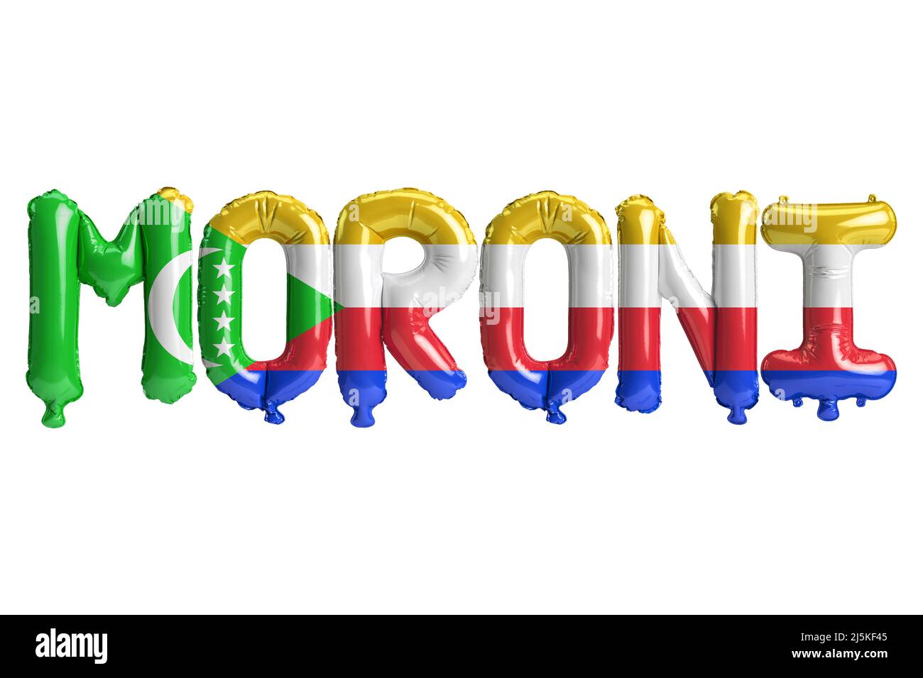 3D illustration des ballons de la capitale Moroni avec drapeaux Comores de couleur isolée sur blanc Banque D'Images