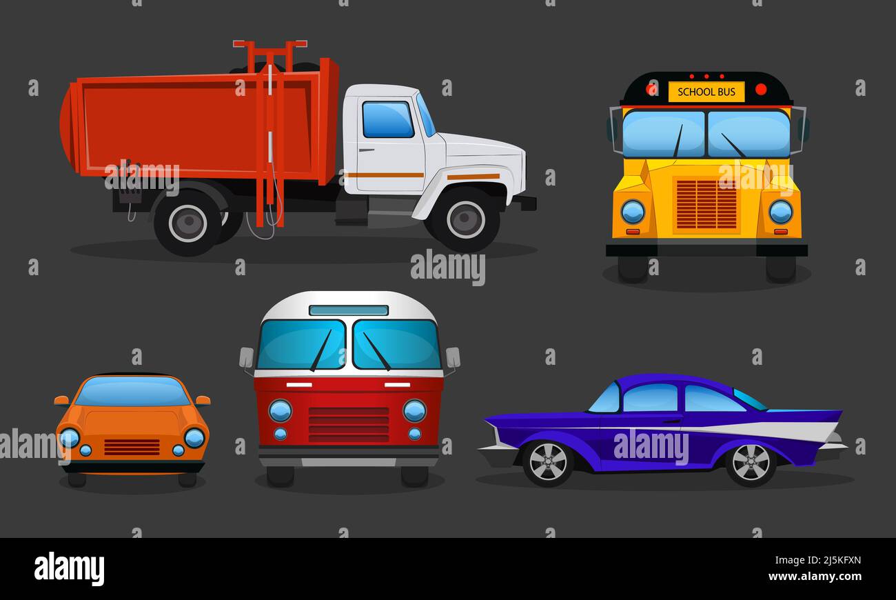 Ensemble vectoriel de voitures de dessin animé - transport public ou véhicules privés. Autobus scolaire, camion à ordures et voiture de sport sur le côté, vue avant. Couleur c Illustration de Vecteur