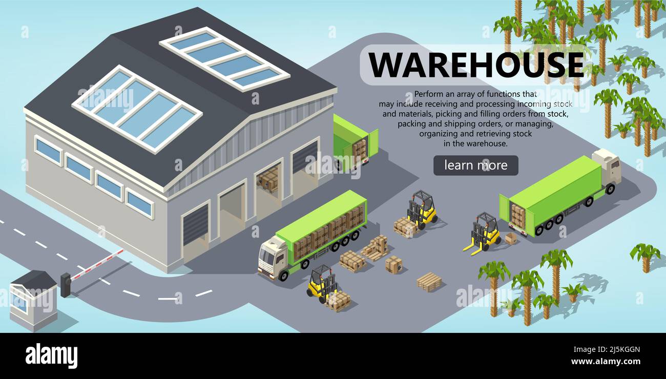 Modèle de site isométrique Vector 3D avec entrepôt, camions pour l'expédition, logistique. Site avec bouton. Arrière-plan du portail avec chariots élévateurs, marchandises et stockage Illustration de Vecteur Modèle de site isométrique Vector 3D avec entrepôt, camions pour l'expédition, logistique. Site avec bouton. Arrière-plan du portail avec chariots élévateurs, marchandises et stockage Illustration de Vecteur