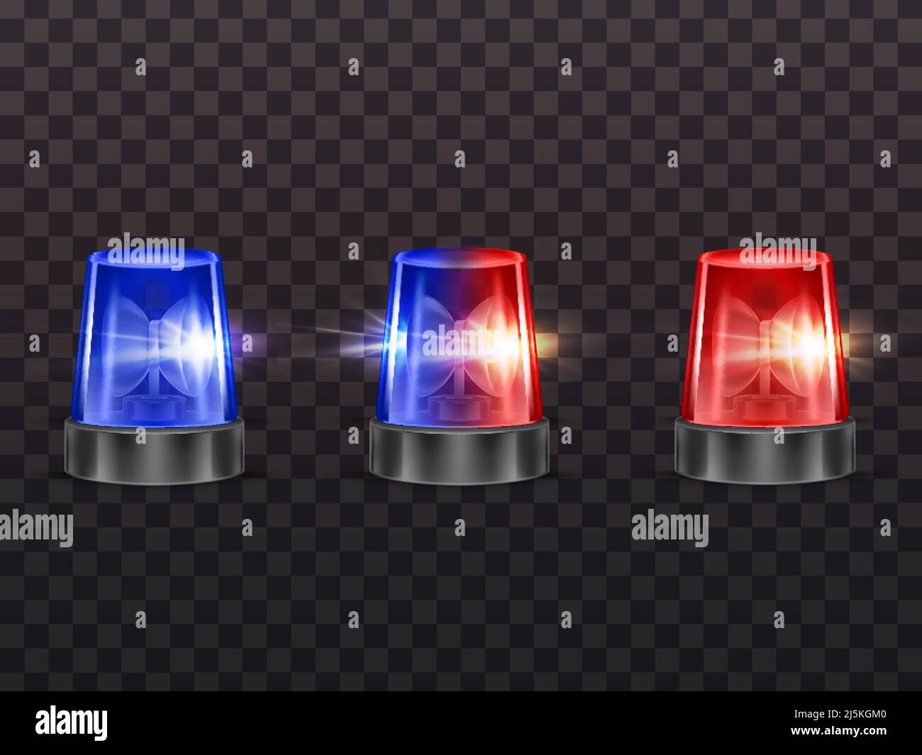 Flashes rouges et bleus réalistes Vector 3d. Sirène de police, ambulance ou autre service municipal avec témoin lumineux rotatif. Balise transparente pour Illustration de Vecteur