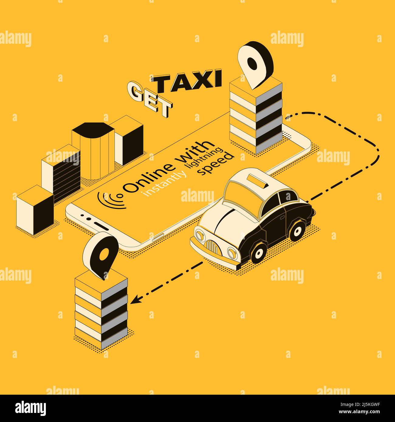 Vector 3D, taxi en ligne isométrique en ville, application pour smartphone, appareil mobile. Carte avec voiture fine en jaune et noir. Technologie avec gps pour Illustration de Vecteur Vector 3D, taxi en ligne isométrique en ville, application pour smartphone, appareil mobile. Carte avec voiture fine en jaune et noir. Technologie avec gps pour Illustration de Vecteur