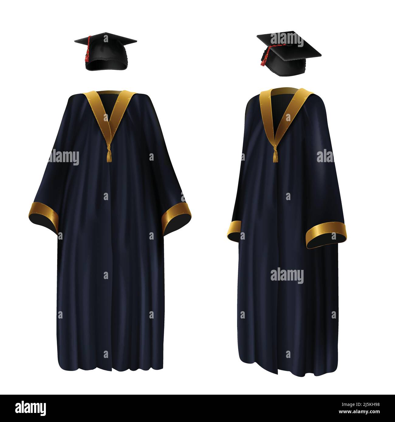 Vêtements de remise de diplôme, robe et capuchon vecteur illustration réaliste. Combinaison traditionnelle de diplômés de l'école, du collège et de l'université avec décor de ruban doré Illustration de Vecteur