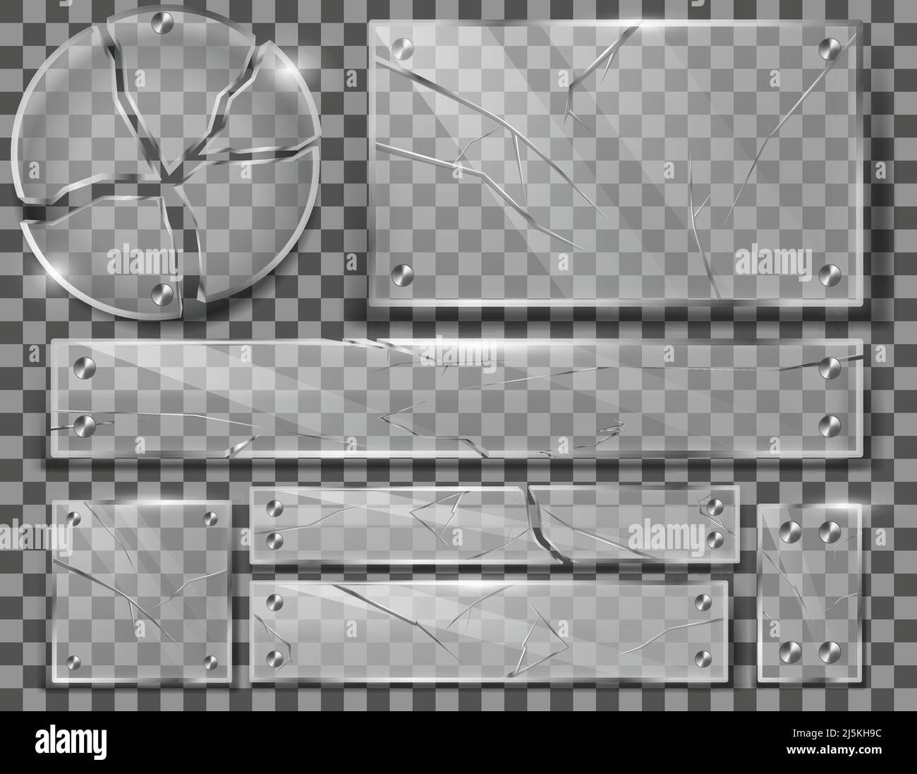 Ensemble vectoriel de plaques de verre transparentes brisées avec fissures, panneaux éclatés avec fragments tranchants isolés sur le fond. Collecte de châssis fissurés Illustration de Vecteur