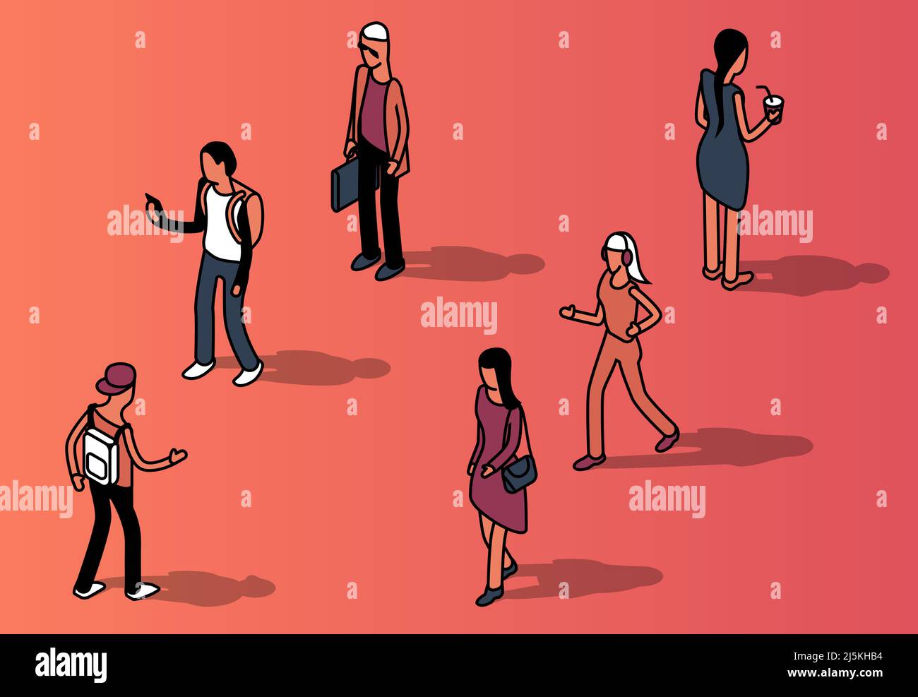 Ensemble isométrique vectoriel de personnes sans visage, hommes et femmes en vêtements décontractés, vue avant et arrière. Caractères en mouvement isolés sur fond rose, desi Illustration de Vecteur