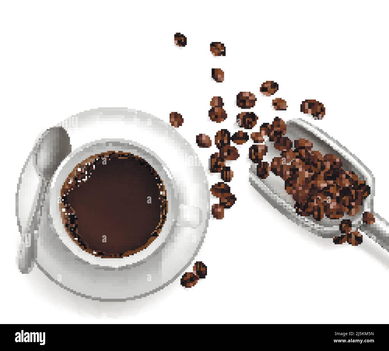 Vector 3D tasse de café réaliste sur la soucoupe avec cuillère en métal. Grains de café dans une cuillère grise isolée sur fond blanc. Vue de dessus de la boisson chaude d'arabica, amé Illustration de Vecteur Vector 3D tasse de café réaliste sur la soucoupe avec cuillère en métal. Grains de café dans une cuillère grise isolée sur fond blanc. Vue de dessus de la boisson chaude d'arabica, amé Illustration de Vecteur