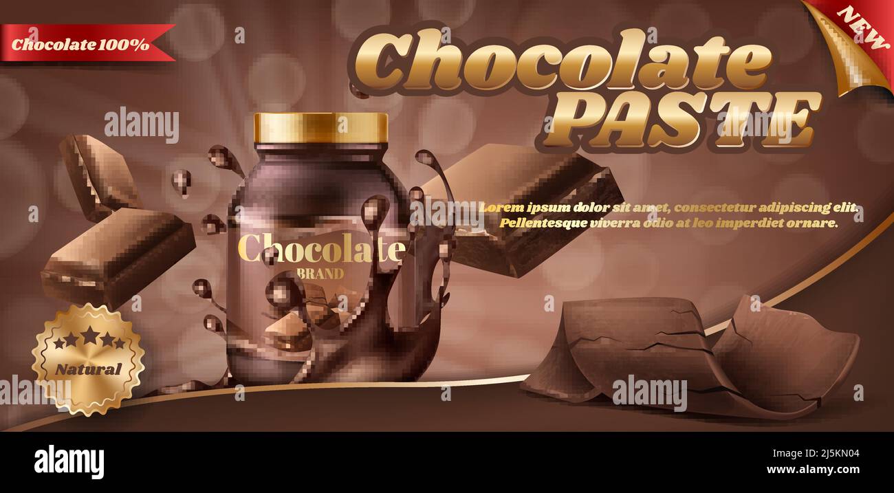 Bannière de promotion vectorielle de pâte de chocolat ou de beurre de noix dans un pot en plastique, isolée sur fond marron. Bannière publicitaire avec contenant de chocolat Illustration de Vecteur