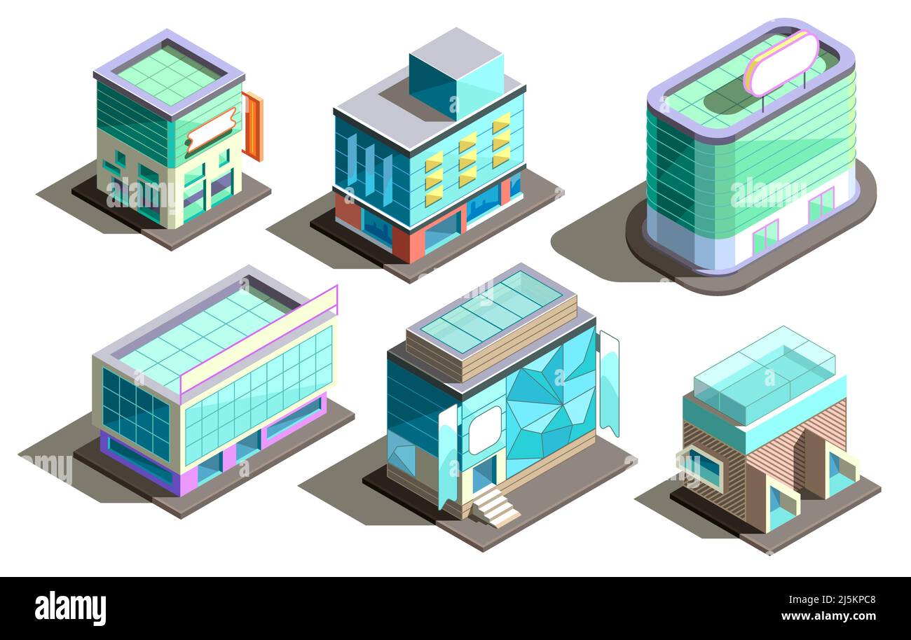Ensemble vectoriel de bâtiments isométriques modernes de style dessin animé. Collection de gratte-ciels urbains avec éléments en verre. Extérieur de la ville, construction résidentielle Illustration de Vecteur