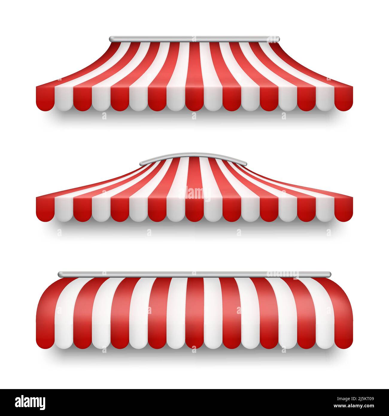 Ensemble vectoriel réaliste d'auvents rayés isolés sur l'arrière-plan. Clipart avec tentes rouges et blanches, toits textiles pour les magasins de détail, marchés, Street fast Illustration de Vecteur