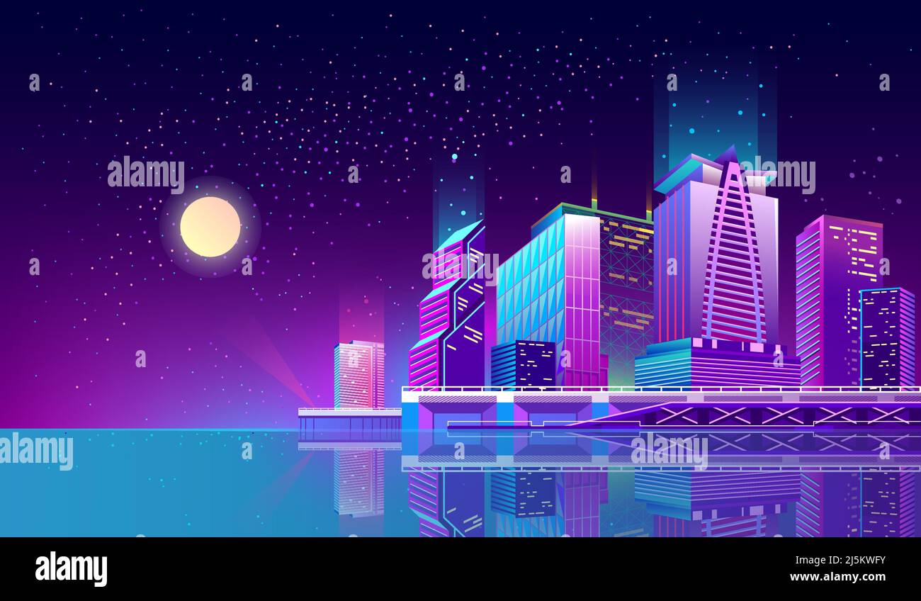 Fond de concept Vector avec ville de nuit illuminée par des lumières au néon. Paysage urbain futuriste dans les couleurs bleu et violet, panorama avec moderne b Illustration de Vecteur Fond de concept Vector avec ville de nuit illuminée par des lumières au néon. Paysage urbain futuriste dans les couleurs bleu et violet, panorama avec moderne b Illustration de Vecteur