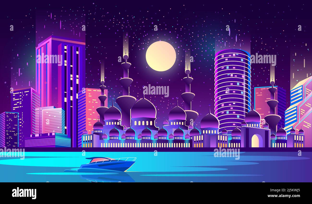 Fond vectoriel avec ville de nuit illuminée par des lumières au néon. Culture musulmane, concept urbain arabe ou turc. Paysage urbain avec grande mosquée et Illustration de Vecteur Fond vectoriel avec ville de nuit illuminée par des lumières au néon. Culture musulmane, concept urbain arabe ou turc. Paysage urbain avec grande mosquée et Illustration de Vecteur