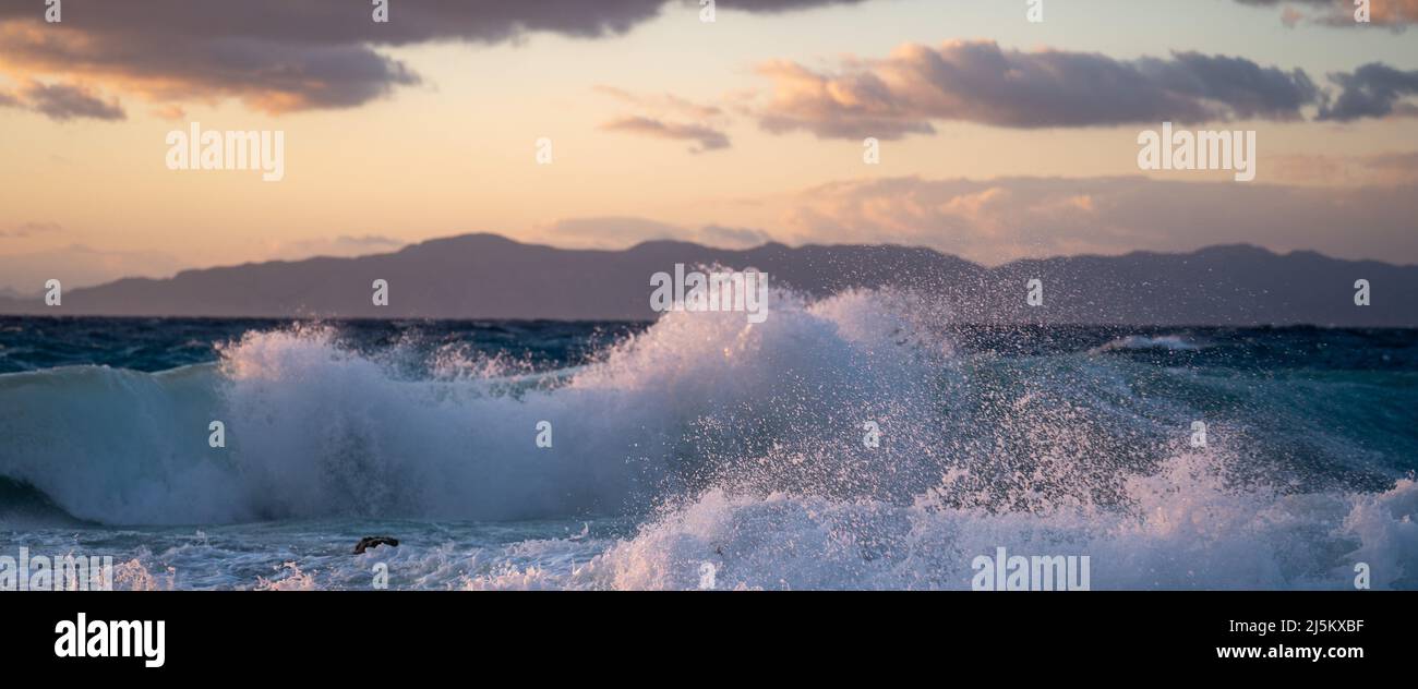 Mer ​​wave au soleil sur un rocher sur la plage. Banque D'Images