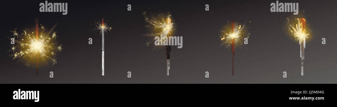 Ensemble de sparkers de fête à motif vectoriel. Le vent souffle des étincelles, processus de combustion. Elément Holiday isolé sur fond sombre. Feu d'artifice réaliste, lumineux t Illustration de Vecteur Ensemble de sparkers de fête à motif vectoriel. Le vent souffle des étincelles, processus de combustion. Elément Holiday isolé sur fond sombre. Feu d'artifice réaliste, lumineux t Illustration de Vecteur
