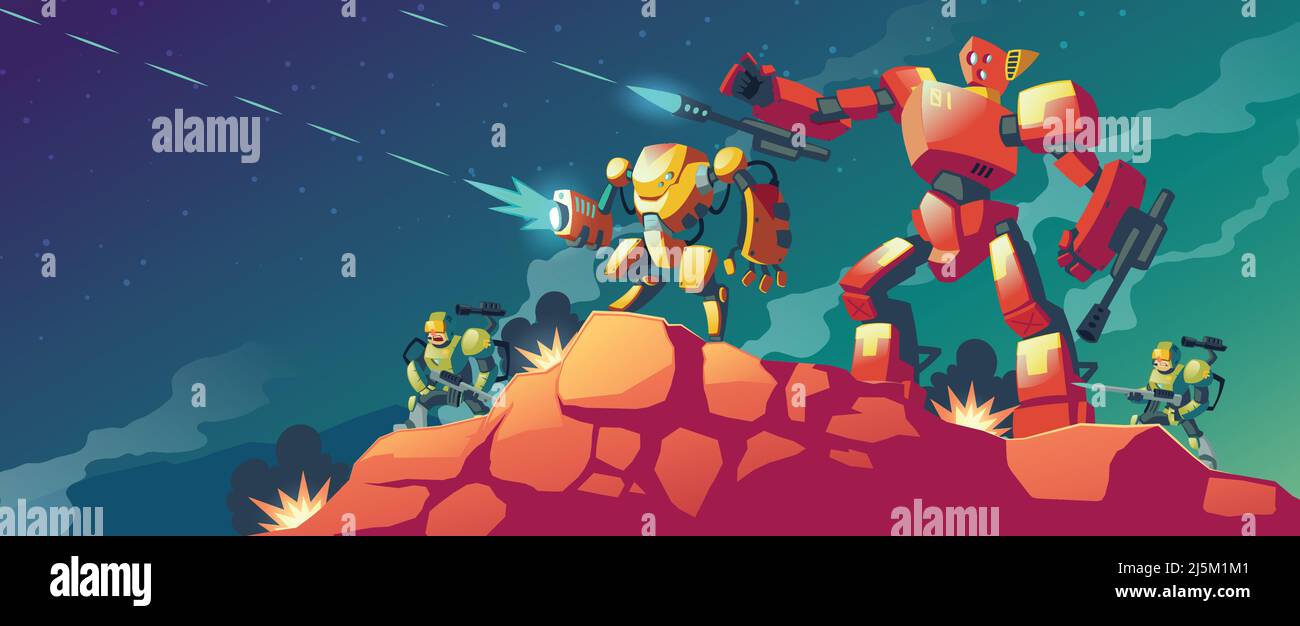 Illustration de dessin animé vectoriel avec guerre de robot sur planète étrangère, Mars. Paysage avec robots de combat. Les androïdes de combat, l'intelligence artificielle dans la protection Illustration de Vecteur