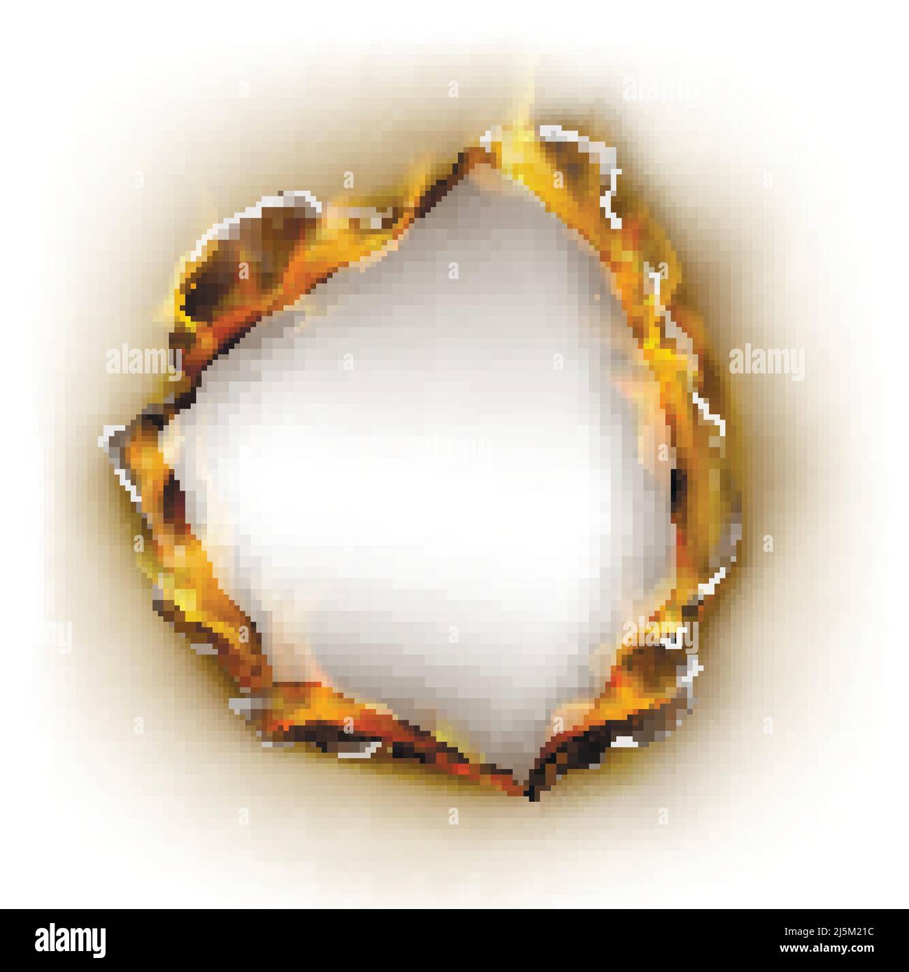 Papier brûlé réaliste vectoriel, trou circulaire ravivé avec bords fissurés. Effet de flamme, feu sur page blanche. Feuille vierge brûlée, texture peignée. B Illustration de Vecteur