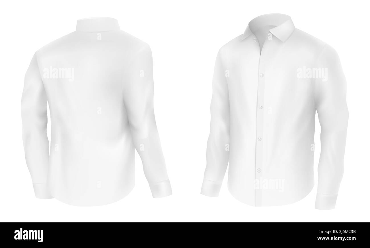 Chemise blanche pour hommes à manches longues demi-tour, vue avant et arrière Illustration vectorielle réaliste isolée sur fond blanc. Vêtements classiques décontractés Illustration de Vecteur